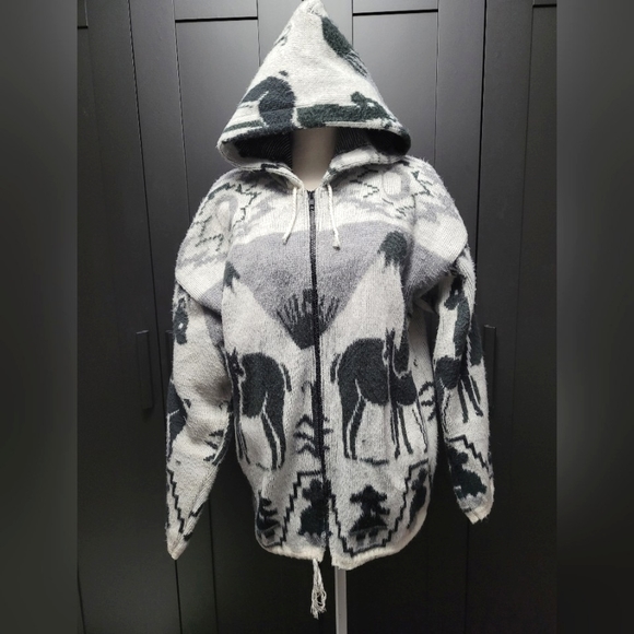 Yari Artesanias Made in Ecuador black white grey wool zip-up hooded sweater - Picture 2 of 9